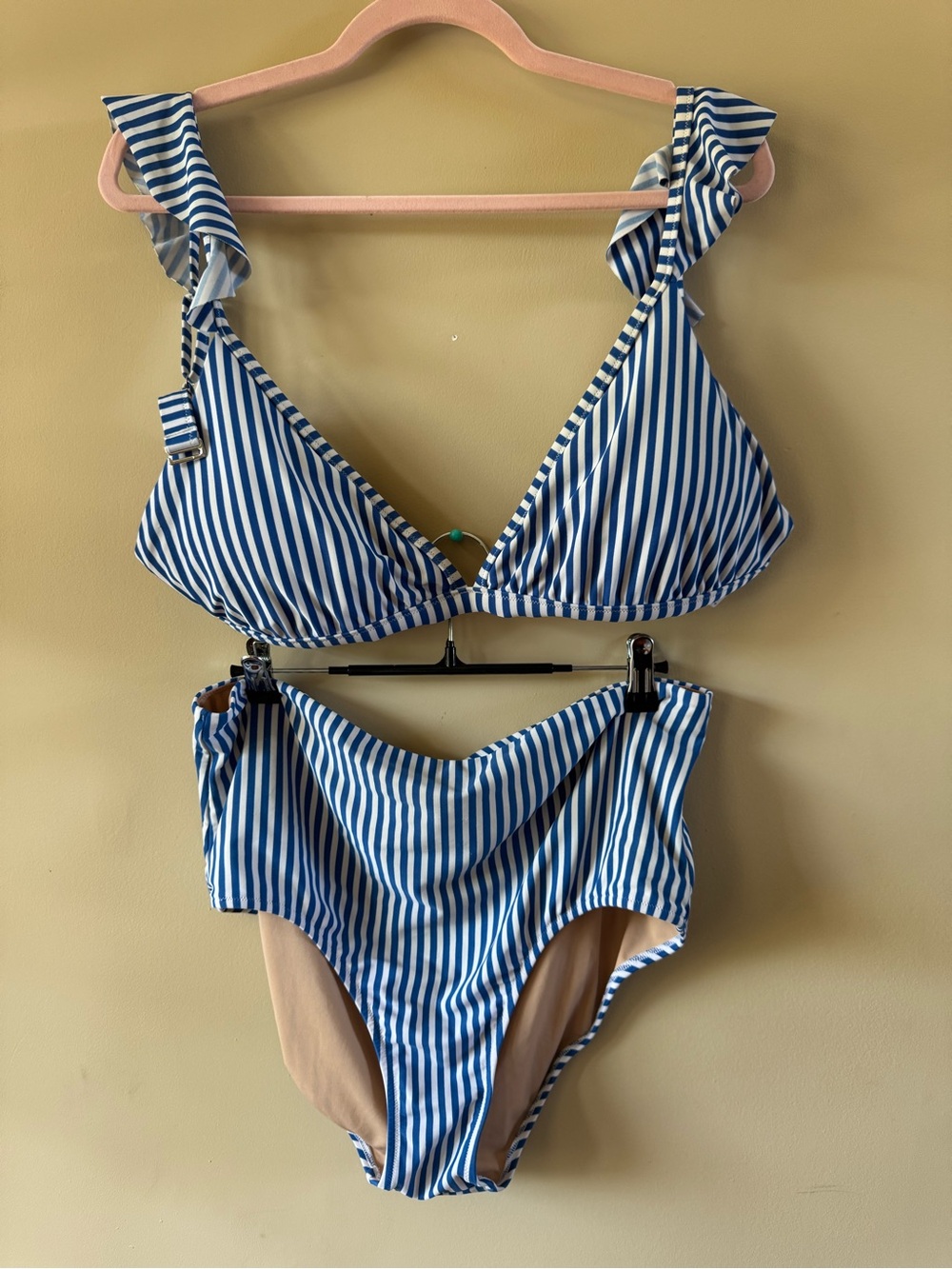 J. Crew Factory Blue and White Striped Ruffle-Shoulder Bikini Set